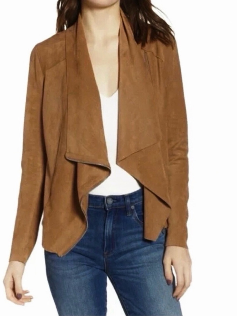 Blank NYC Women’s Draped Open Front faux Suede Jacket - Tan EUC